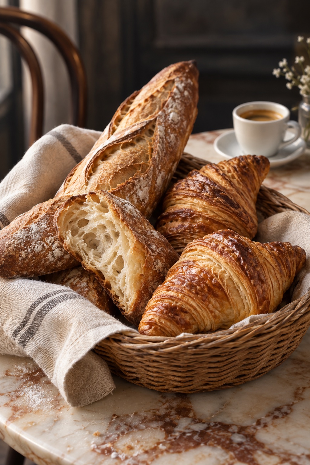 Fresh French baguettes and buttery croissants in a wicker basket, with coffee on a linen-covered table