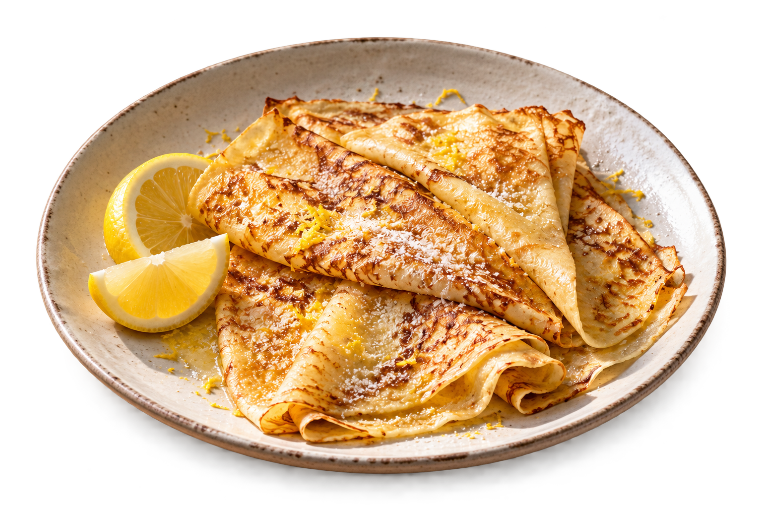 Golden crêpes and fresh lemon on an ivory ceramic plate