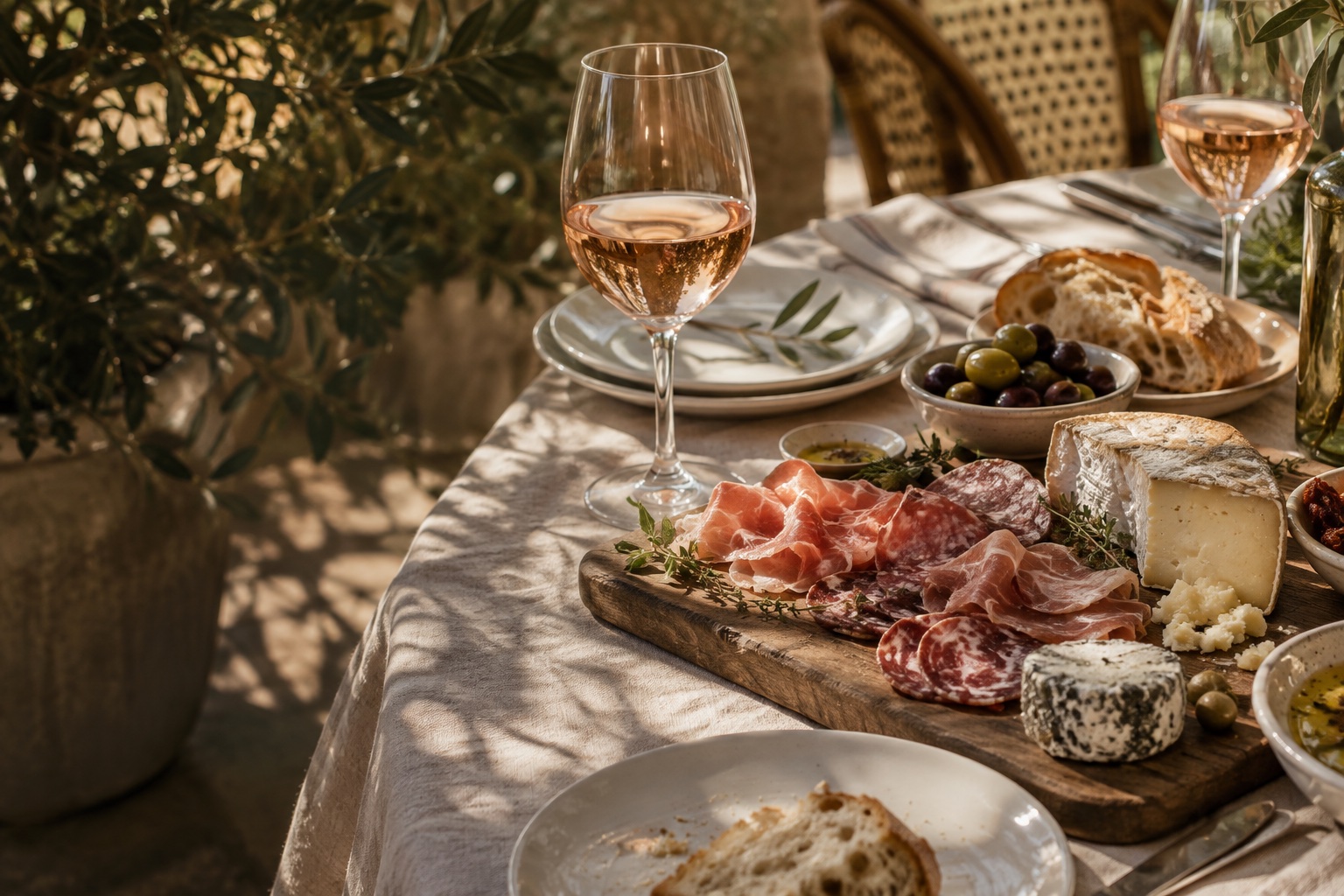 A sunlit French table with charcuterie, baguette, olives, and rosé