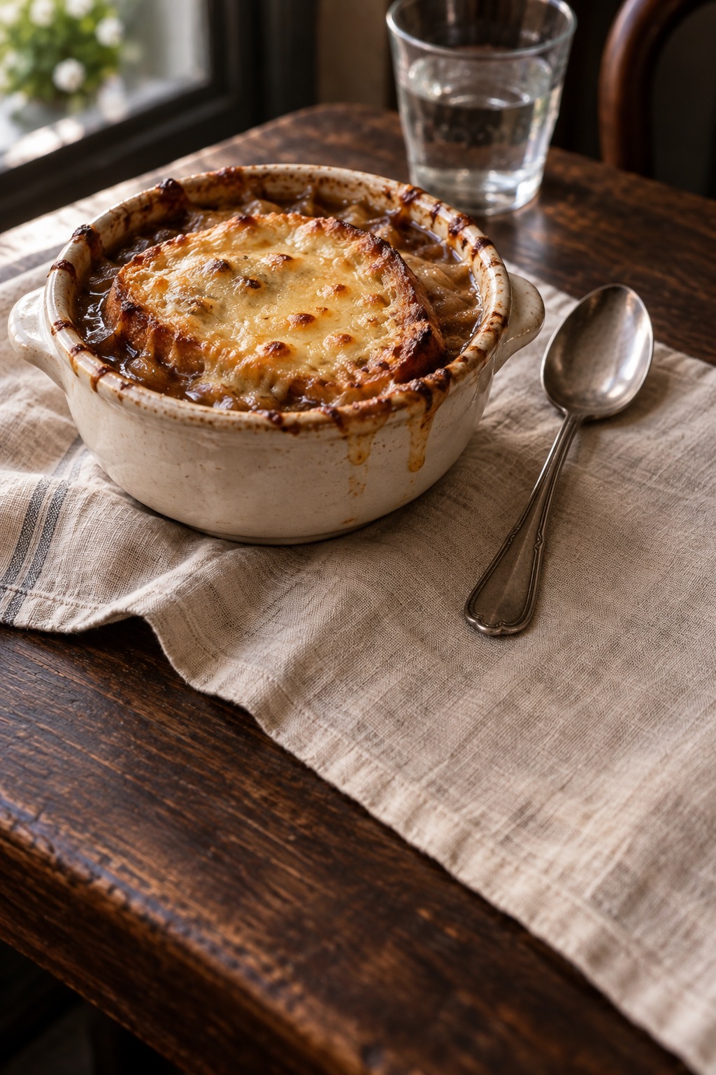 French onion soup with golden melted Gruyère on a linen-covered bistro table