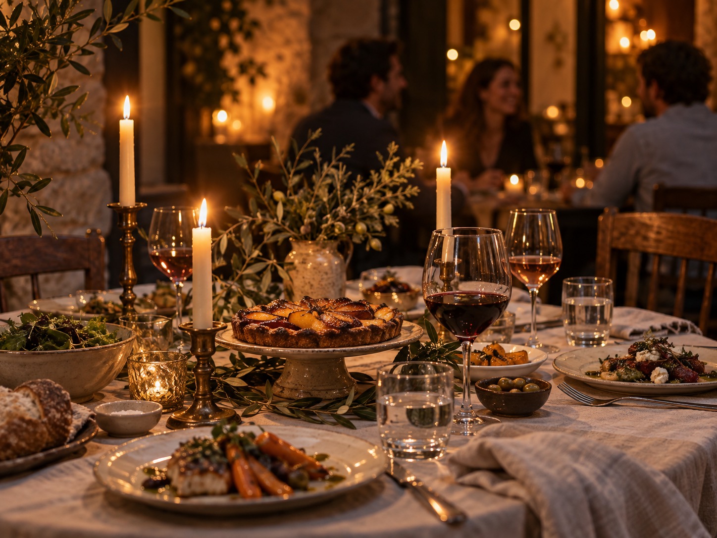A candlelit French dinner table set with wine, seasonal dishes, and a fruit tart for an intimate gathering