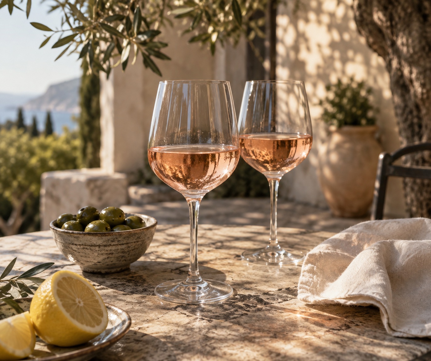 Two glasses of rosé, olives, and lemon in Mediterranean sunlight